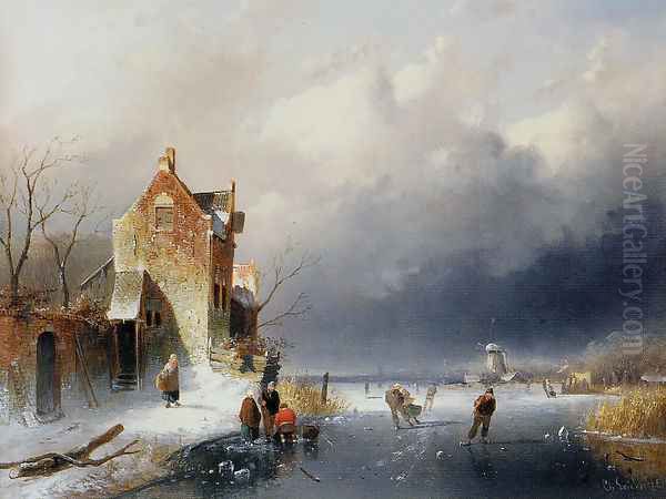 Ice View With Skaters Oil Painting by Charles Henri Leickert