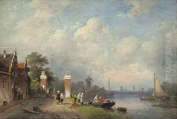 Figures at the edge of a Dutch canal Oil Painting by Charles Henri Leickert