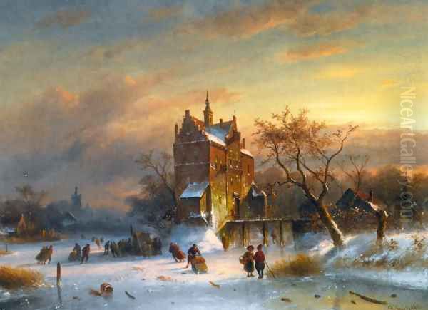 Skaters Near A Castle Oil Painting by Charles Henri Leickert