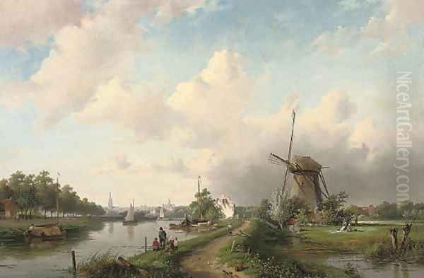 A summer's day at a Dutch windmill Oil Painting by Charles Henri Leickert
