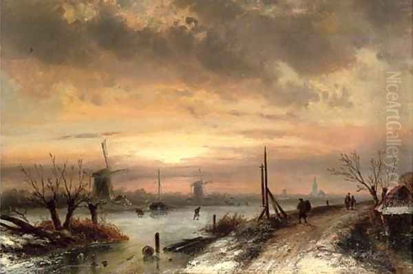 Figures at a frozen Dutch waterway, dusk Oil Painting by Charles Henri Leickert