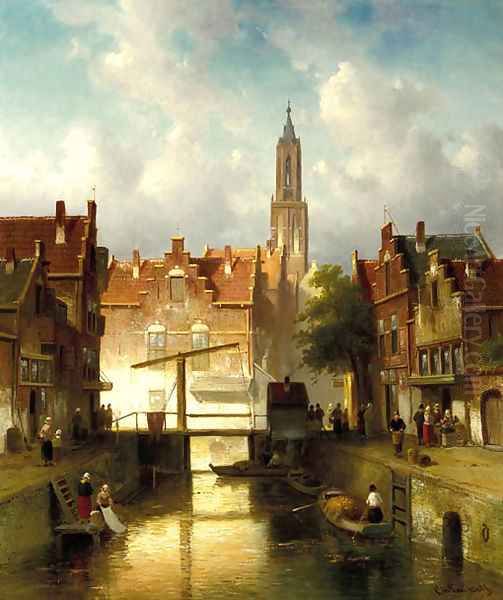 Figures on a quay in a town Oil Painting by Charles Henri Leickert