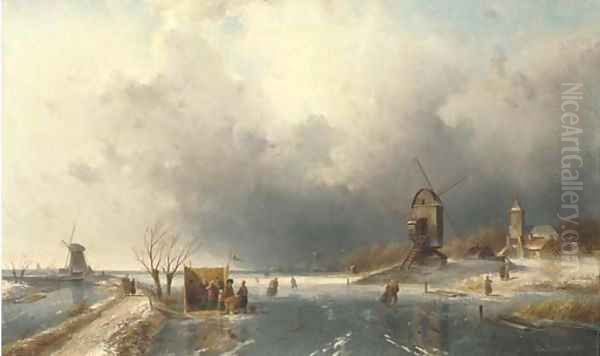 Skaters in a Winter landscape Oil Painting by Charles Henri Leickert