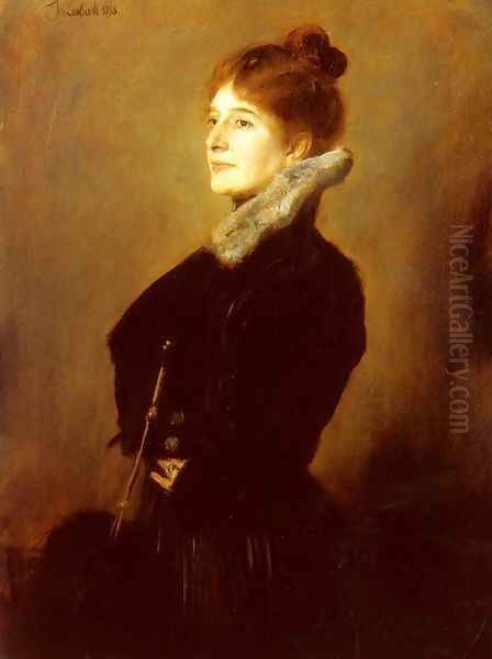 Portrait Of A Lady Wearing A Black Coat With Fur Collar Oil Painting by Lenbach Franz Von