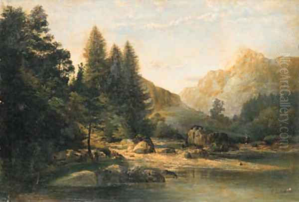 A mountainous river landscape Oil Painting by Lenbach Franz Von