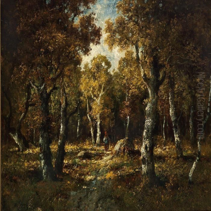 French Woodland Scene With A Woman On A Path Oil Painting by Narcisse-Virgile D Az De La Pena