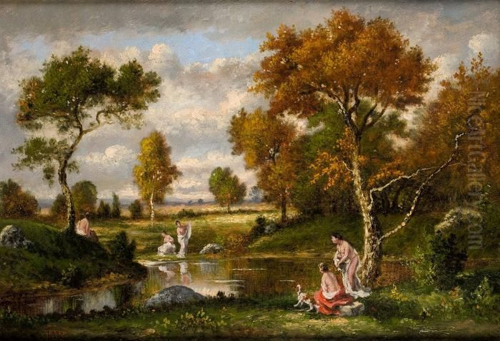 Cinq Baigneuses Avec Un Chien En Foret Oil Painting by Narcisse-Virgile D Az De La Pena