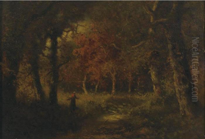 Wood Interior With Peasant Woman Oil Painting by Narcisse-Virgile D Az De La Pena