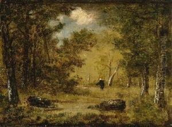 Waldlandschaft Mit
 Reisigsammlerin. Oil Painting by Narcisse-Virgile D Az De La Pena