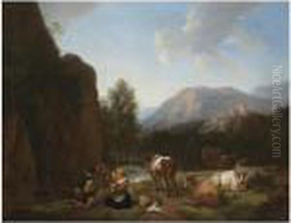 A Mountainous River Landscape 
With A Herder, His Family And Hiscattle Resting In The Foreground Oil Painting by Christian Wilhelm Ernst Dietrich