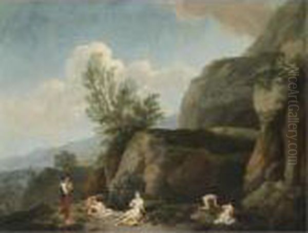 A Mountainous Landscape With 
Nymphs Bathing In The Foreground And A Woman Carrying A Child, Possibly 
The Finding Of Moses Oil Painting by Christian Wilhelm Ernst Dietrich