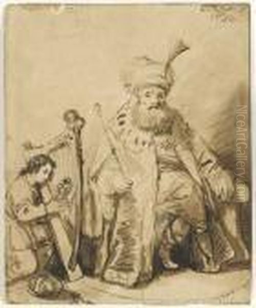 Au Recto : David Jouant De La Lyre Au Roi Saul
 Au Verso : Jesus Et Marie-madeleine
 Plume Et Encre Brune Sur Traits De Crayon Noir, Lavis Brun Oil Painting by Christian Wilhelm Ernst Dietrich