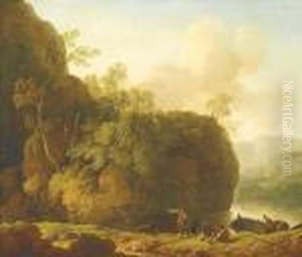 Dresden Romantic Rivervalley, A Resting Oarsman Onthe Banks Oil Painting by Christian Wilhelm Ernst Dietrich