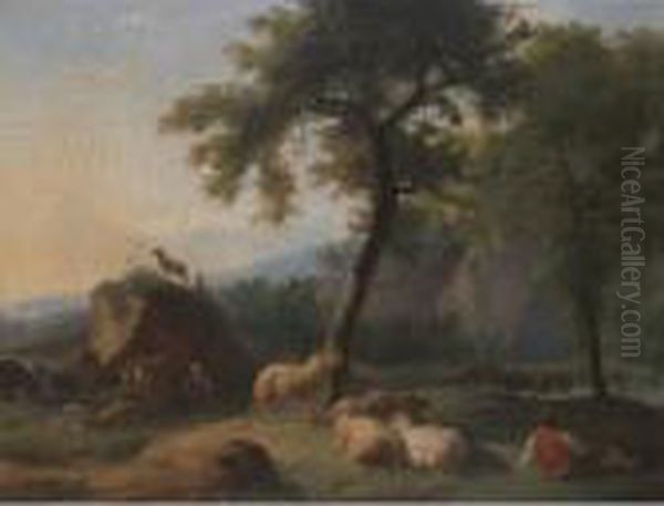 A Pastoral Landscape With A 
Shepherd Resting With His Flock, And A Herder Watering His Cattle In A 
River Beyond Oil Painting by Christian Wilhelm Ernst Dietrich