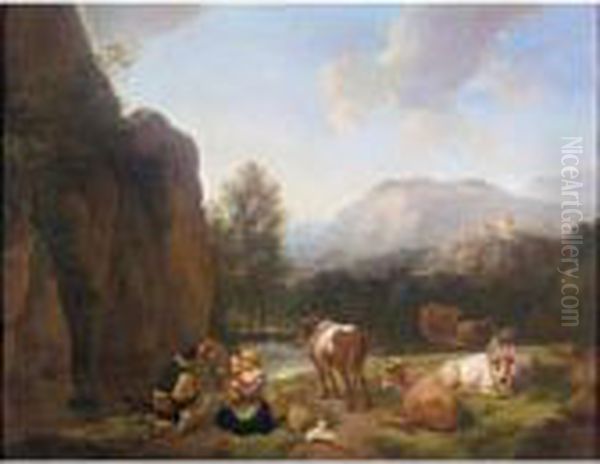 An Italianate Mountainous 
Landscape With A Shepherds' Family With Their Herd And A Dog Resting 
Near A Stream Oil Painting by Christian Wilhelm Ernst Dietrich