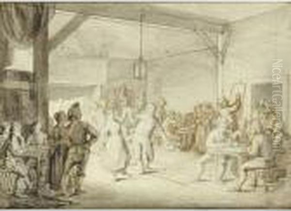 Recto : An Inn With People 
Making Music And Dancing, Verso : A Sketch Of A Woman With Two Children 
In An Interior Oil Painting by Christian Wilhelm Ernst Dietrich