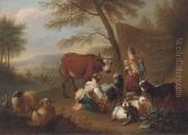 An Italianate Landscape With A 
Shepherdess Milking A Goat, A Manplaying A Doodlesack And A Drover 
Fording A River Beyond Oil Painting by Christian Wilhelm Ernst Dietrich