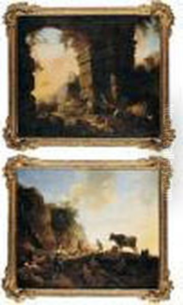 An Italianate Landscape With A 
Girl Weaving, A Shepherd Playing Pipes And A Little Boy Dancing Amongst 
Ruins Oil Painting by Christian Wilhelm Ernst Dietrich