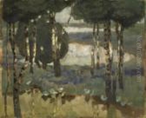 Birches By The Forest Pond. 
Signed And Dated Lower Left: L. Dill 98. Gouache On Paper. Laid Down On 
Carton. 49 X 60cm. Framed. Oil Painting by Ludwig Dill