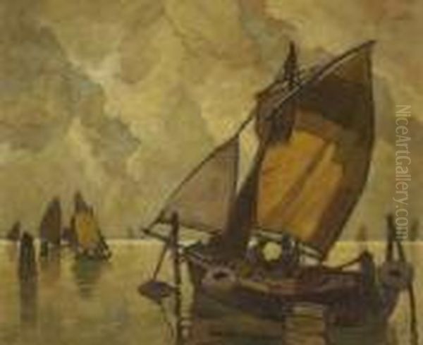 Fischerboote In Der
 Lagune. Oil Painting by Ludwig Dill