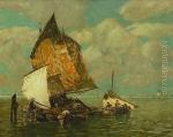 Fischerboote In Der
 Lagune. Oil Painting by Ludwig Dill