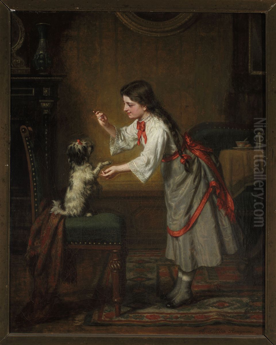 Girl with a Dog Oil Painting by Leopold Loeffler