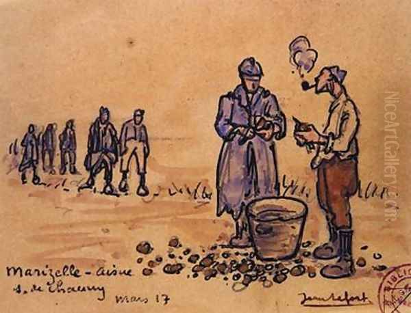 Soldiers peeling potatoes during the First World War at Marizelle in the Aisne Department Oil Painting by Jean Lefort
