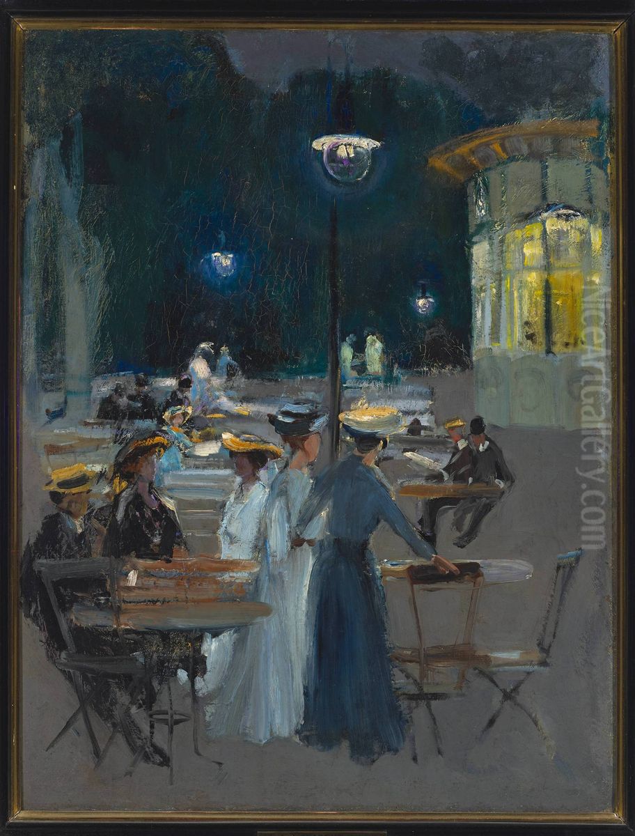 Parisian Cafe at Night Oil Painting by Ludwik de Laveaux