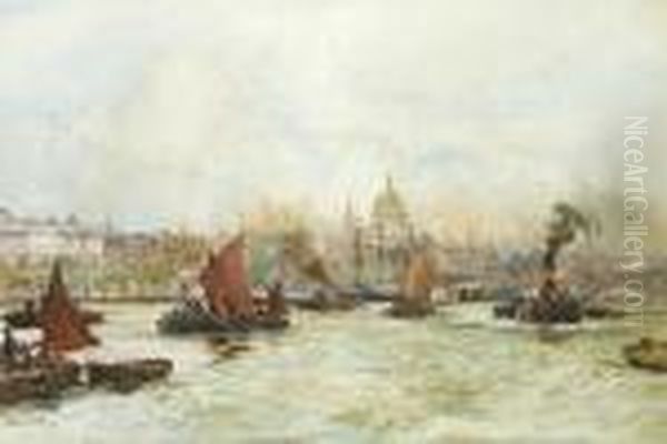 Barges, Tugs And Lighters Making
 The Most Of The Full Tide Above Blackfriars Bridge With St. Pauls 
Cathedral On The Skyline Beyond Oil Painting by Charles Edward Dixon