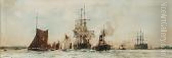 A Vokins' Tug Towing A 
Three-masted Merchantman Up The Thames Estuary Past The Old Training 
Ship 'worcester' Lying Off Greenhithe Oil Painting by Charles Edward Dixon