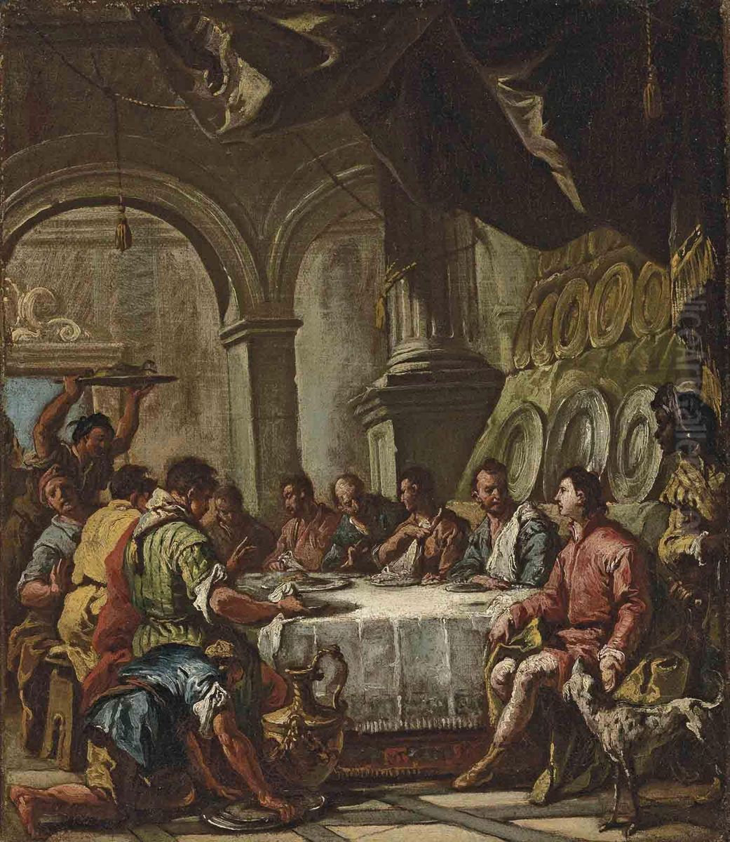 A Banquet In A Palatial Interior Oil Painting by Gaspare Diziani