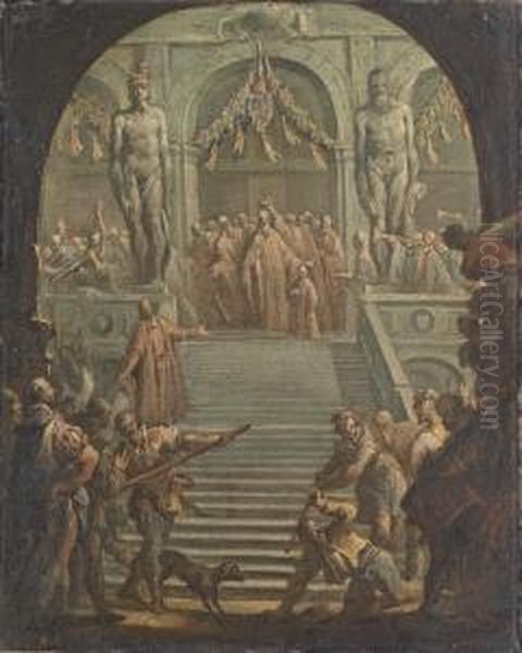 A View Of The Scala Dei Giganti 
In The Ducal Palace, Venice, Seen Through The Porta Della Carta, With 
The Senators Crowning A New Doge - A Bozzetto Oil Painting by Gaspare Diziani