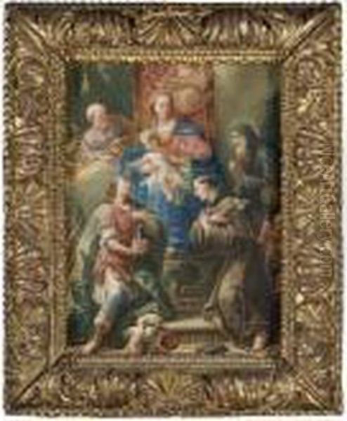 The Madonna And Child Enthroned 
With Saints Joseph, Anthony Of Padua, Francis Of Paola, And A Young 
Martyr Warrior Saint, Possibly Saint Florian, Holding A Model Of A Town Oil Painting by Gaspare Diziani