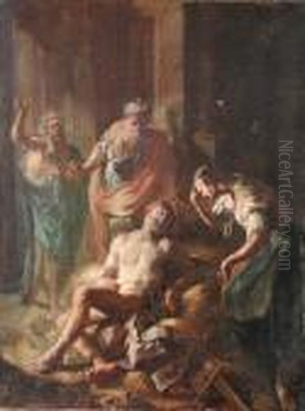 Gaspare Diziani , Cerchia Di. 
Soggetto Biblico. Interessante Dipinto Ad Olio Su Tela. Leggeri Difetti.
 Cm. 74x56 Oil Painting by Gaspare Diziani