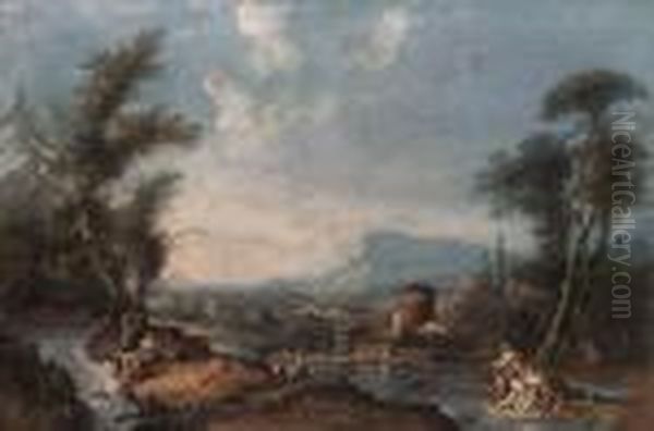 A Classical Landscape With A 
Fisherman, A Washerwoman, A Mother Andchild And Other Figures By A 
River, A Waterfall Beyond; And Aclassical Landscape With Diana And Two 
Nymphs On An Island, A Childwith A Goat And A Woman Washing At A 
Waterfall Oil Painting by Gaspare Diziani