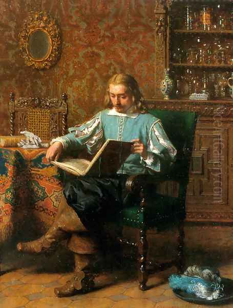 A Cavalrist Reading in a 17th Century Interior Oil Painting by Lambertus Lingeman