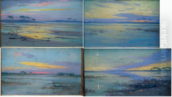 Coucher De Soleil Sur Les Marais Camarguais Oil Painting by Edouard Doigneau