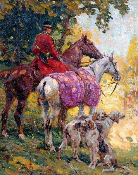 French Huntsman On Horseback, 
With Hunting Horn Over Shoulder And Three Dogs To The Foreground Oil Painting by Edouard Doigneau