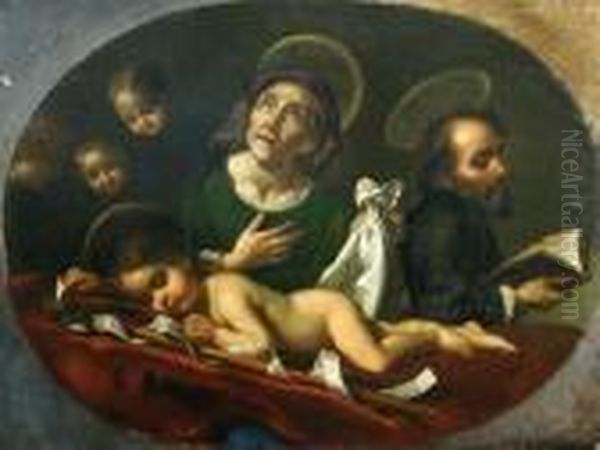 The Dream Of The Infant Saint 
John The Baptist With Saint Elizabethand Saint Zacharias Oil On Chestnut
 Panel 42 X 57cm Provenance:private Collection Oil Painting by Carlo Dolci