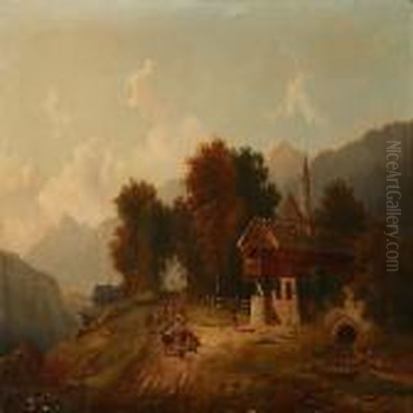 Southern German Autumn Landscape With Persons And Cattle On A Road Oil Painting by Anton Doll
