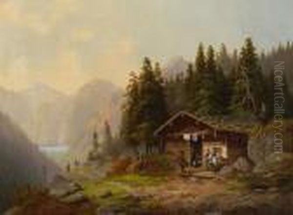 Vor Der Alm Uber Dem
 Gebirgssee. Oil Painting by Anton Doll