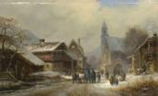 Taufgesellschaft Auf Winterlicher
 Dorfstrase. Oil Painting by Anton Doll