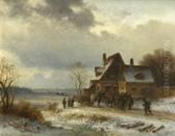 Winterlandschaft Mit
 Jagdgesellschaft Oil Painting by Anton Doll