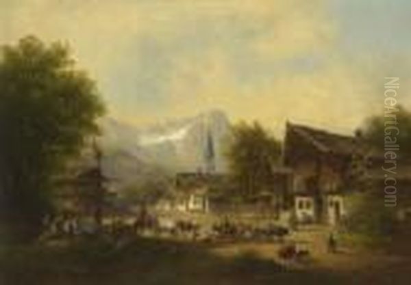 Partenkirchen - Blick Auf Den
 Floriansplatz Oil Painting by Anton Doll