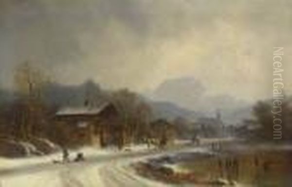 Eisvergnugen Vor Dem
 Dorf. Oil Painting by Anton Doll