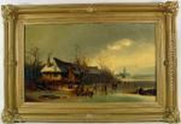 Winter Skating Scene Oil Painting by Anton Doll