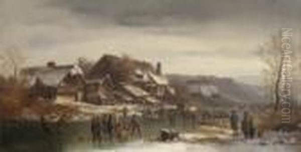 Eisvergnugen Vor Dem
 Dorf. Oil Painting by Anton Doll