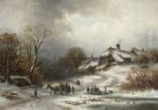 Winterlandschaft Mit Bauernhausern
 Bei Alt-gauting. Oil Painting by Anton Doll