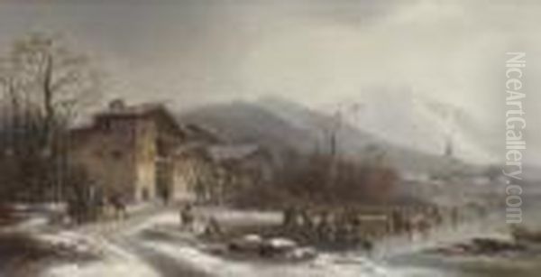 Verschneite Uferstrase An Einem
 Gebirgssee Oil Painting by Anton Doll