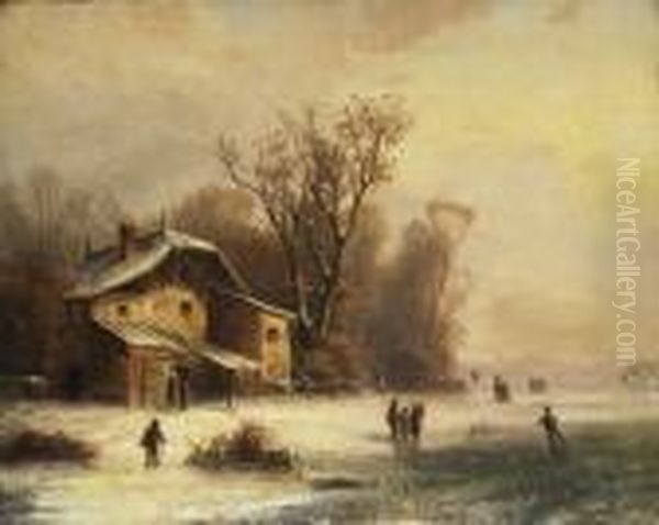 Winterlandschaft Mit Bauernhaus Am
 Ufer Des Zugefrorenen Sees. Oil Painting by Anton Doll
